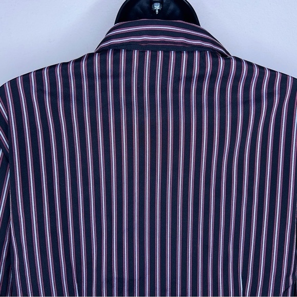 LARGE VINTAGE TANGENTS PINK BLACK STRIPED STRETCH BLOUSE BUTTON FRONT - Picture 3 of 10